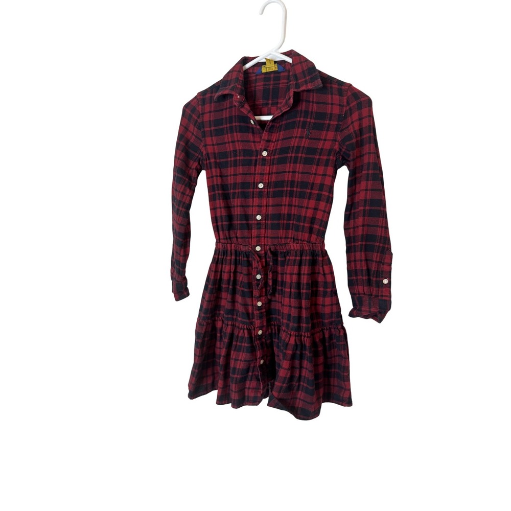 Polo Ralph Lauren Dress Girls 8 Red‎ Black Plaid Long Sleeve Button Front Tiered